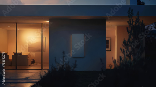 Battery Powerwall, cutting-edge technology, soft lighting, contemporary home wall. Battery for homes, sleek design, lights up softly, looks modern. photo