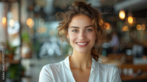 Smiling beautiful elegant businesswoman standing at lobby big glass window in a modern business office tower.