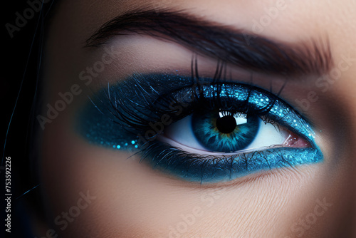 Close up of woman s eye with makeup with metallic blue eyeshadow