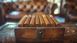 Box of cigars on a wooden table.