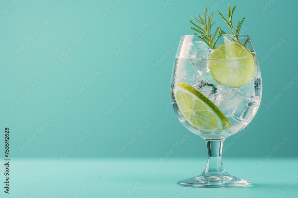 Cocktail with lemon, rosemary and ice on a light blue background Cocktail with lemon, rosemary and ice on a light blue background