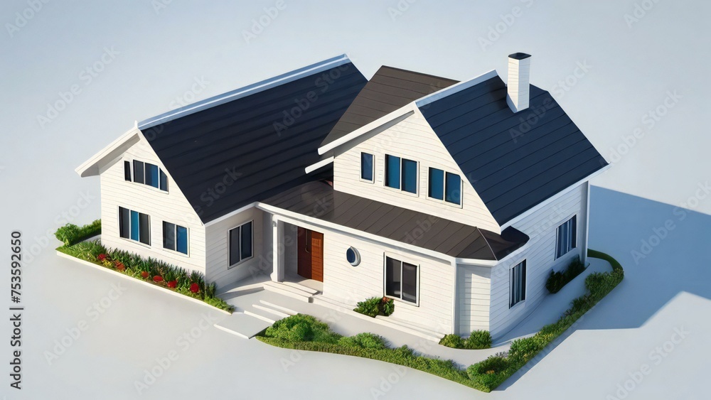 3D house model isolated on white, showcasing architectural design. 3D illustration