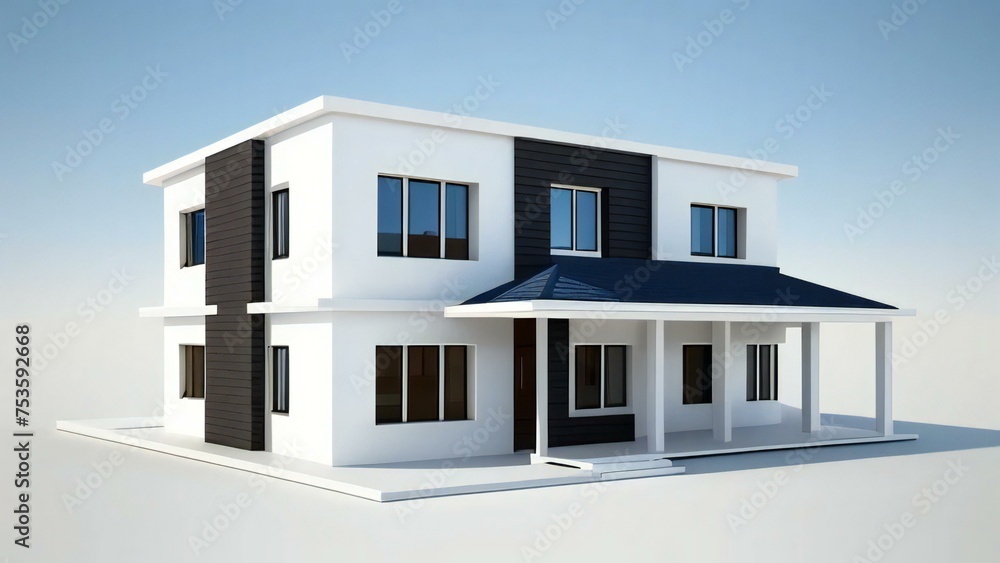Modern two-story house with a minimalist design, featuring a white and dark facade, large windows, and a flat roof, isolated on a white background.