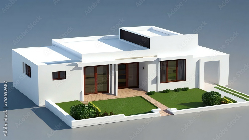 Modern single-story house with flat roofs, large windows, and landscaped garden on a plain background.