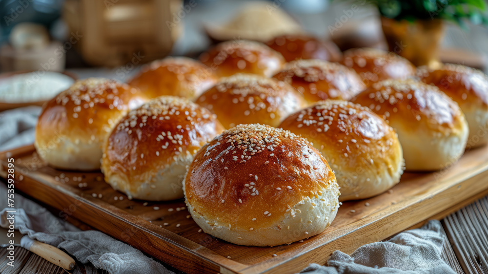 Golden brown baked buns on wooden board.