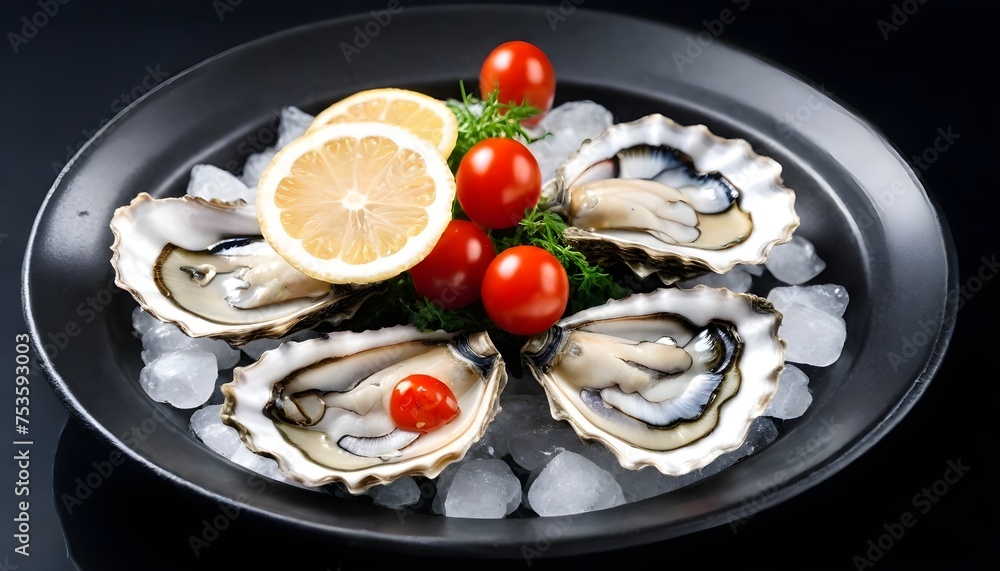 A plate of fresh oysters on ice with a bowl of red sauce and two cherry tomatoes