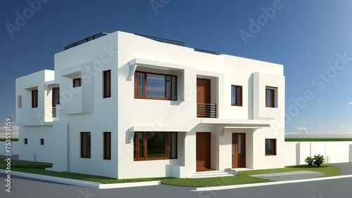 Modern two-story white house with balconies and large windows, clear sky background.