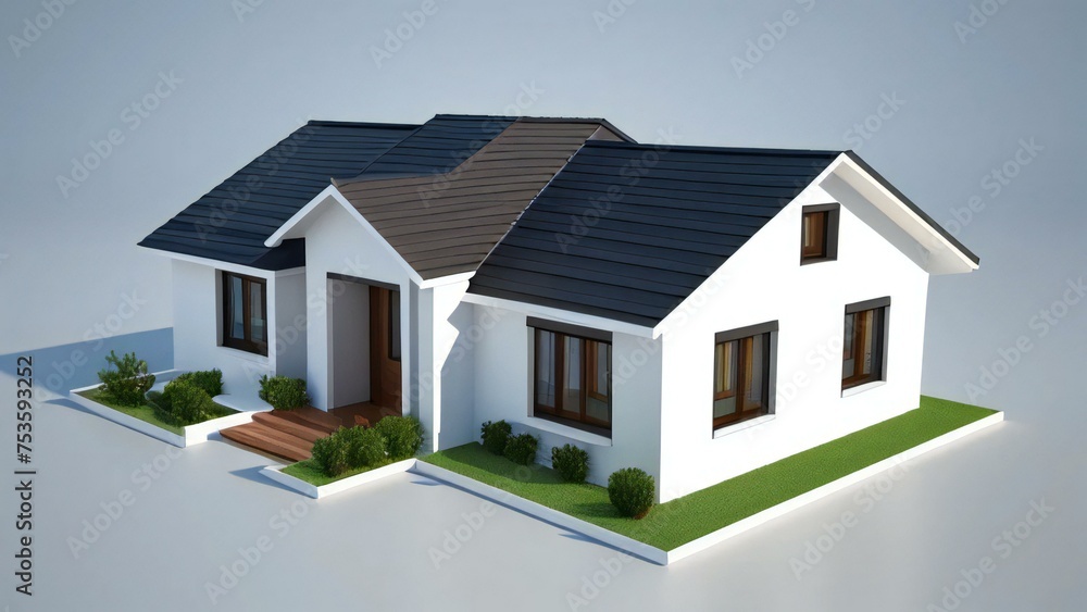 Modern detached houses with white walls and dark roofs, 3D rendering on a light background.