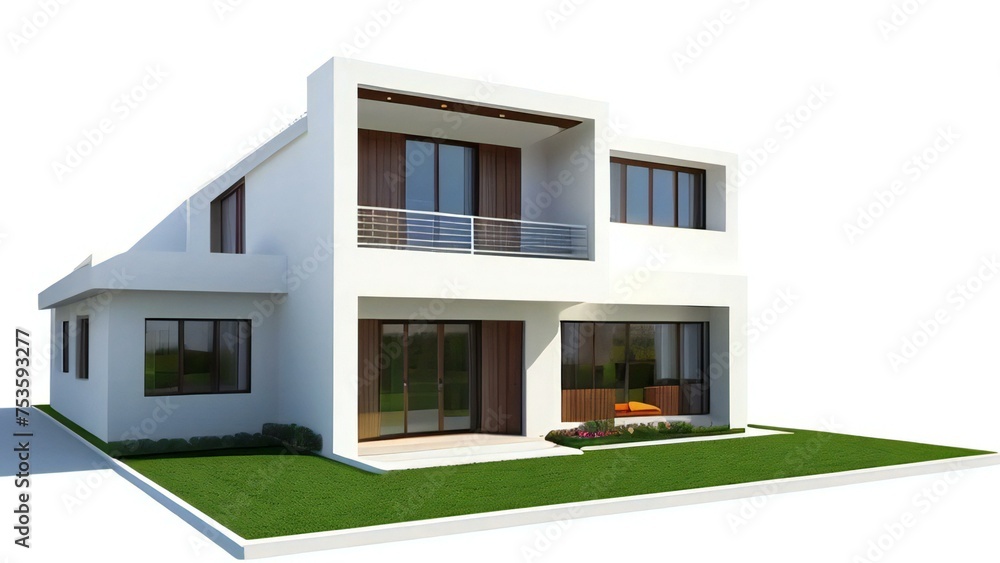 Modern two-story house with a white facade, large windows, and green lawn on a white background. Modern two-story house with a white facade, large windows, and green lawn on a white background.