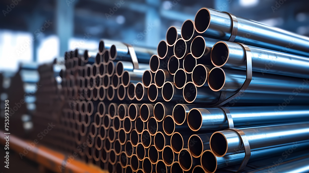Stack of steel pipes in a metallurgical plant, factory or workshop Stack of steel pipes in a metallurgical plant, factory or workshop