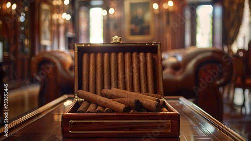 Cigars in humidor on table in upscale room
