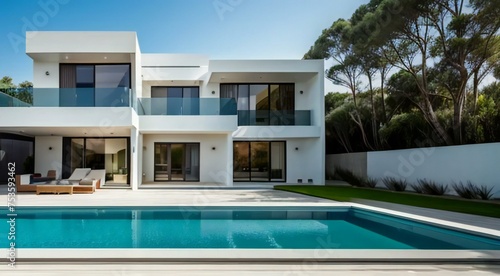 Wallpaper Mural Modern luxury house with a swimming pool, large windows, and lush greenery. Torontodigital.ca