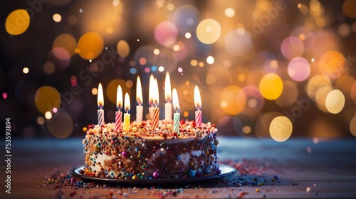 Close-up of a birthday cake with vibrant candles photo