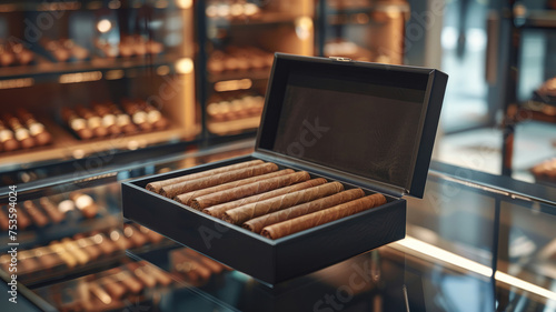 A humidor with cigars in a shop