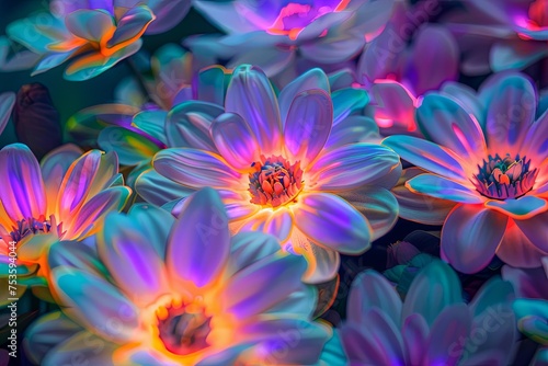 A bunch of neon-colored flowers glowing under UV light  placed in the grass. Generative AI