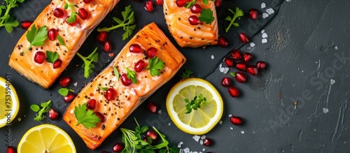 Top view of a plate with salmon-topped crackers  copy space available.