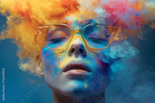 Womans Face Covered in Colored Smoke