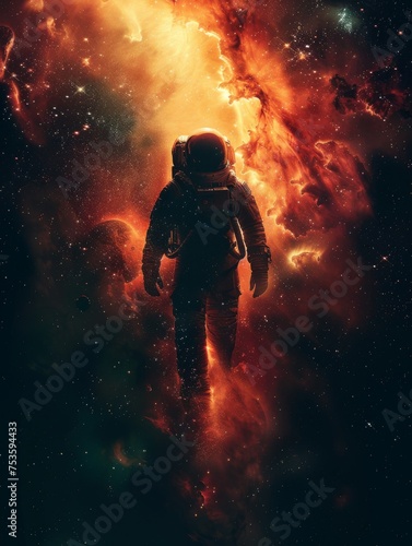 Man in Space Suit Walking Through Galaxy