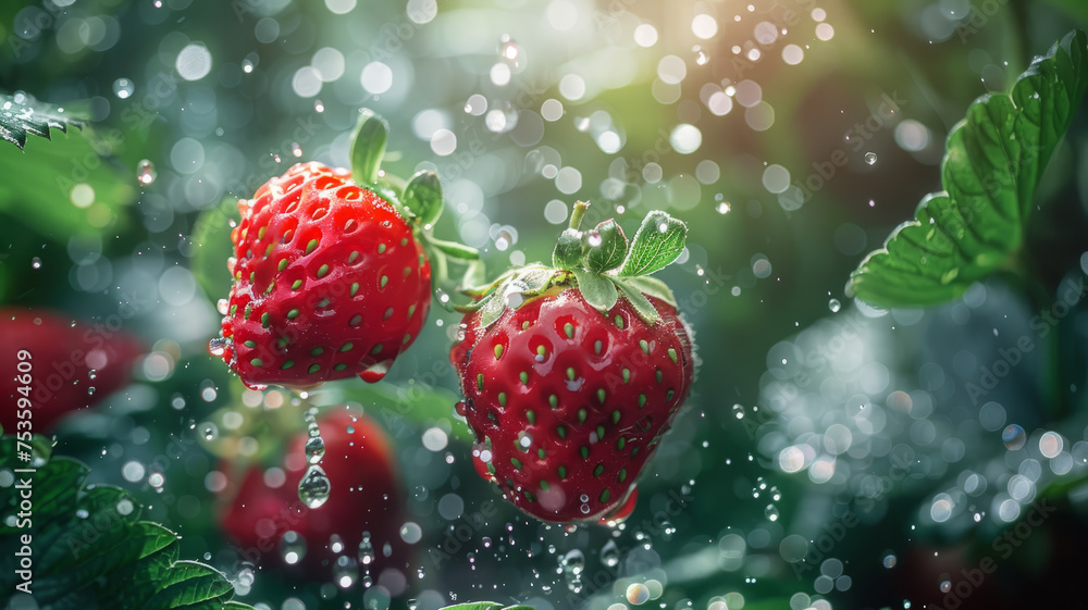 Two strawberries with water drops. Two strawberries with water drops.