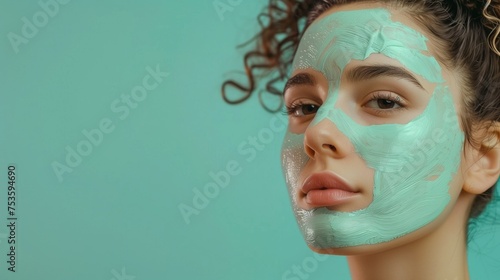 curl woman in a blue face mask on blue background