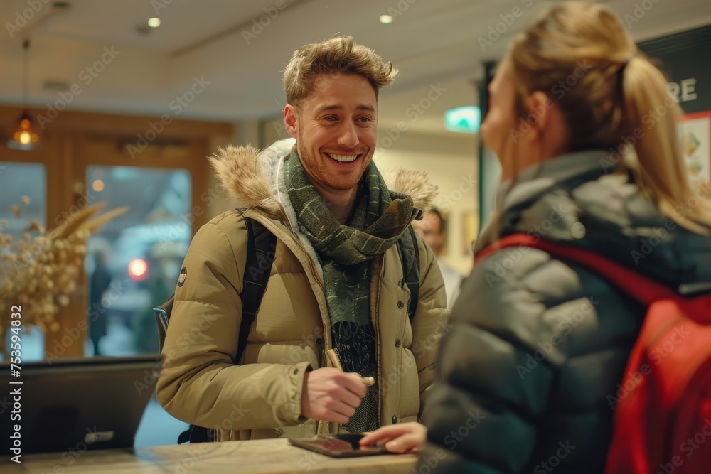 Man and Woman Standing in Front of a Counter Man and Woman Standing in Front of a Counter