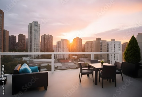 Sunset view from a high-rise balcony with two outdoor sofas and a city skyline in the background 
