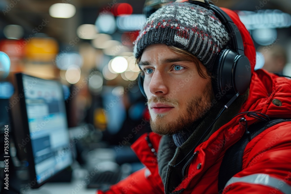 Man Wearing Headphones and Red Jacket Man Wearing Headphones and Red Jacket