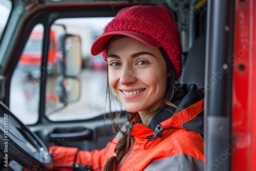 Woman in Red Hat Driving Red Truck