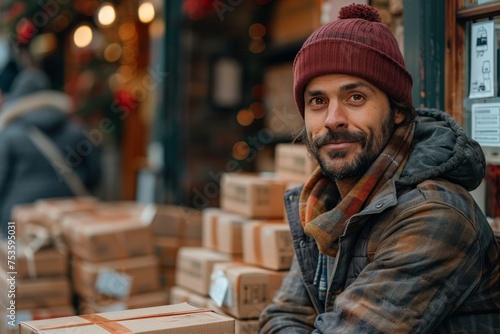 Man in Hat and Scarf Sitting in Front of Boxes