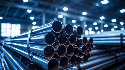Stack of steel pipes in a metallurgical plant, factory or workshop