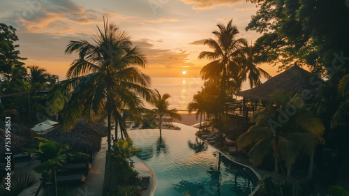 Tropical island with bungalows and palm trees at sunset © kanurism