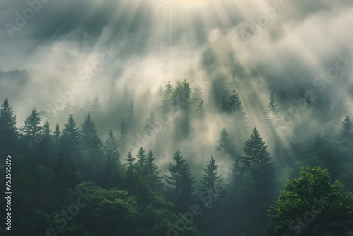 Celestial Light Streaming Through Mist in a Tranquil Evergreen Forest, Heavenly Morning Vista
