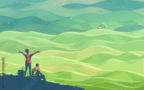 a young couple resting on the top of a hill, admiring the beautiful scenery of numerous hills of agricultural farmland