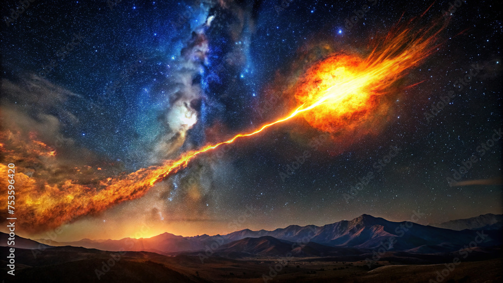 A bright flaming meteor with a glowing molten tail streaking across the starry night sky