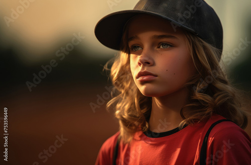 Photo of baseball girl, course background. Generative AI.