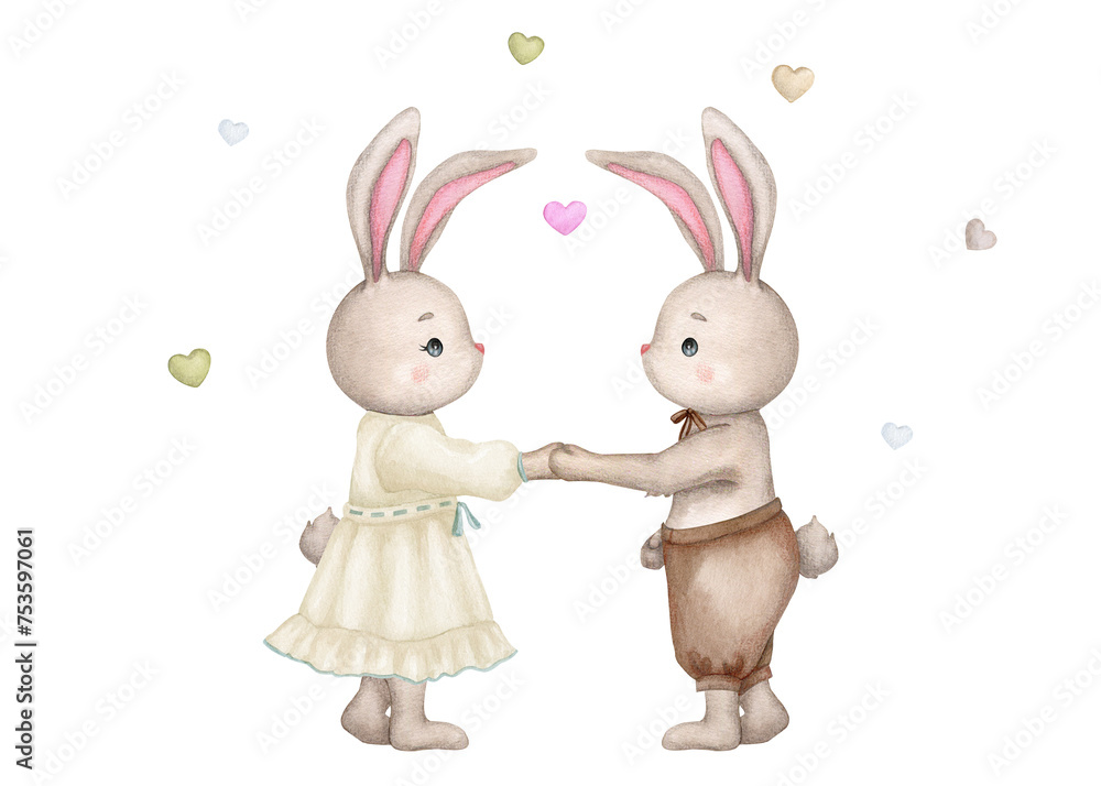 Cute little bunnies are dancing. Girl and Boy. Love and friendship. Children's illustration. Watercolor. Baby shower, birthday, Valentine's day. Clipart for print, invitation, poster, greeting card.
Cute little bunnies are dancing. Girl and Boy. Love and friendship. Children's illustration. Watercolor. Baby shower, birthday, Valentine's day. Clipart for print, invitation, poster, greeting card.