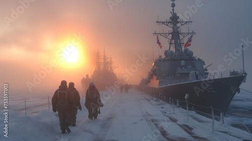 navy ships at base in winter photo
