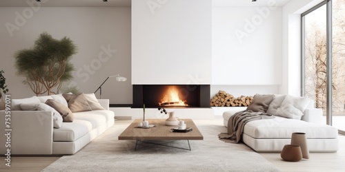 Modern home with white walls, featuring a spacious living room adorned with cozy couches and a fireplace. © Vusal