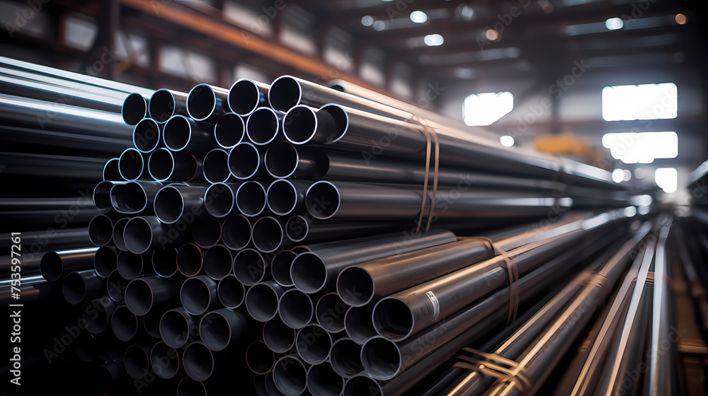 A pile of stainless steel, galvanized, chrome pipes stacked in a warehouse A pile of stainless steel, galvanized, chrome pipes stacked in a warehouse