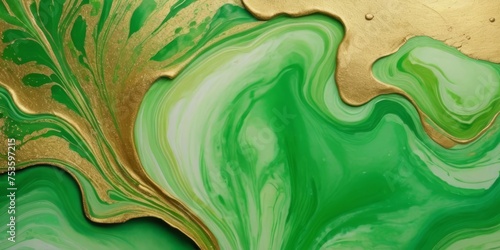 Green watercolor background drawn by brush. Green paints spilled on paper. Golden shiny and Liquid marble texture. Fluid art luxury wallpaper for design