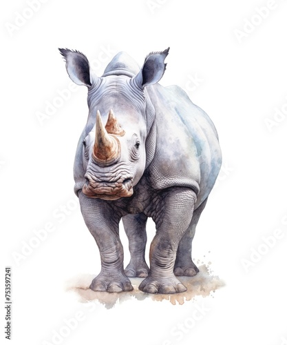 Watercolor illustration of a rhinoceros isolated on white background. © Hanna