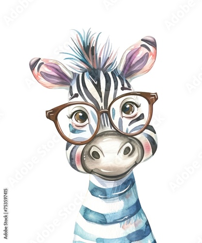 Cute zebra with glasses on white background  watercolor cartoon illustration.