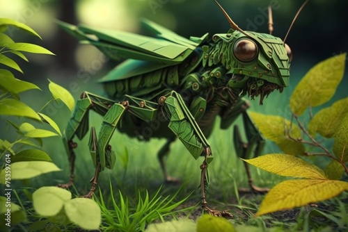 A robot grasshopper sitting on leaves in the outdoor