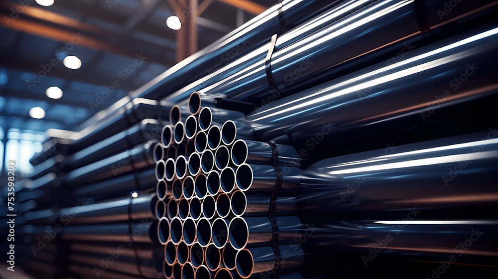 A pile of stainless steel, galvanized, chrome pipes stacked in a warehouse A pile of stainless steel, galvanized, chrome pipes stacked in a warehouse