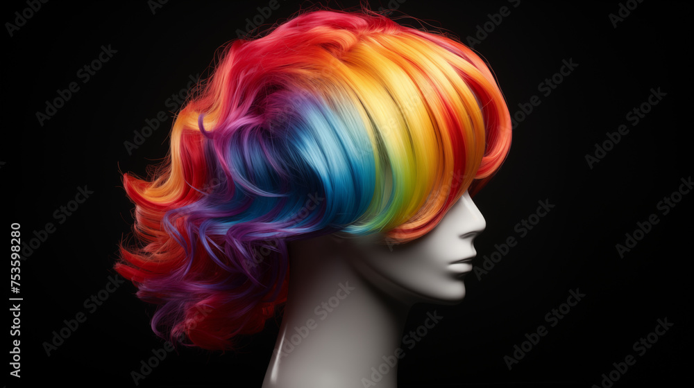 A mannequin head showcases a stunning rainbow-colored hairstyle with vivid shades flowing seamlessly into each other.
