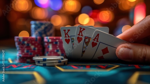 hand holding playing cards and chips in casino