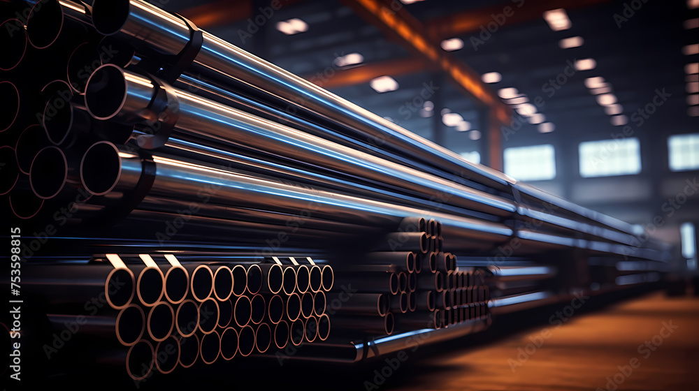 A pile of stainless steel, galvanized, chrome pipes stacked in a warehouse A pile of stainless steel, galvanized, chrome pipes stacked in a warehouse