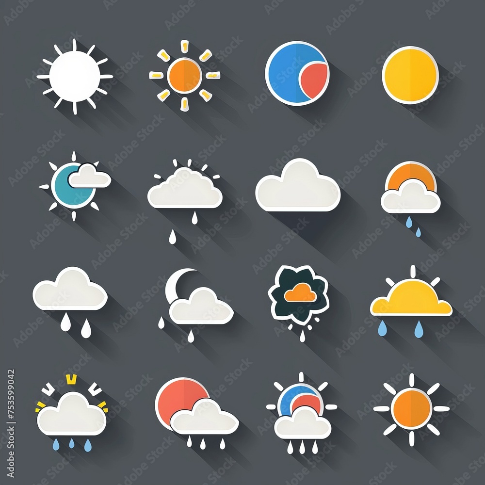 Modern weather icons set. Flat vector symbols on dark background. Modern weather icons set. Flat vector symbols on dark background.