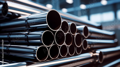 A pile of stainless steel, galvanized, chrome pipes stacked in a warehouse