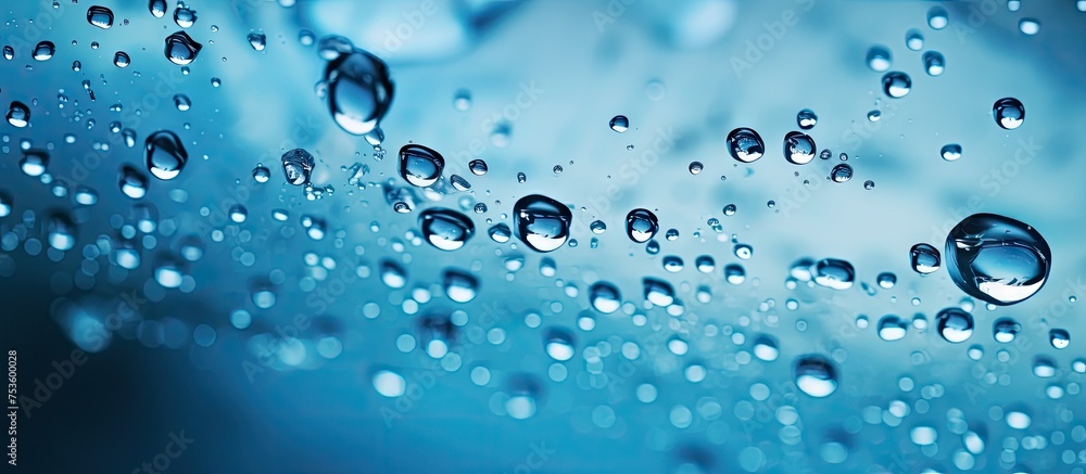 Glistening Water Droplets Captured on Vibrant Blue Background